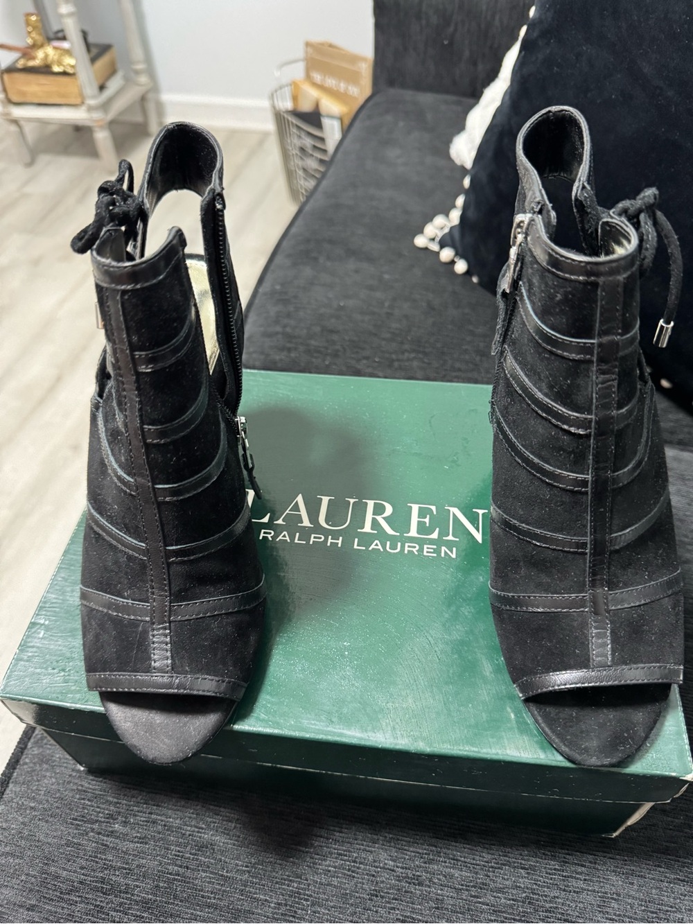 Lauren Ralph Lauren Black Suede Peep-Toe Lace-Back Booties